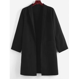 

Plus Size Shawl Collar Patched Pocket Tunic Coat, Black