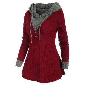 

Colorblock Zip Embellished Hooded Sweater, Red