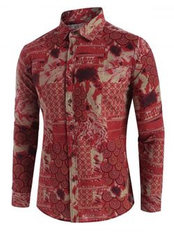 Seamless Round Pattern Long Sleeve Button Up Shirt - RED - XL