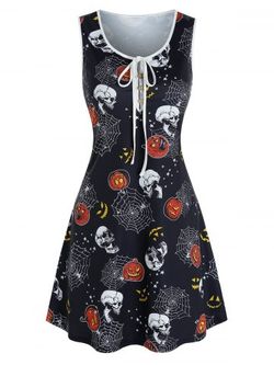 Cráneo de Halloween Calabaza de impresión vestido sin mangas - BLACK - M