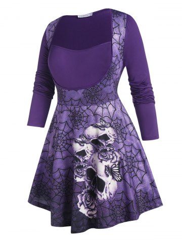 Plus Size Halloween Skull Spider Web Print T Shirt