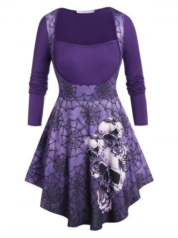 Plus Size Halloween Skull Spider Web Print T Shirt