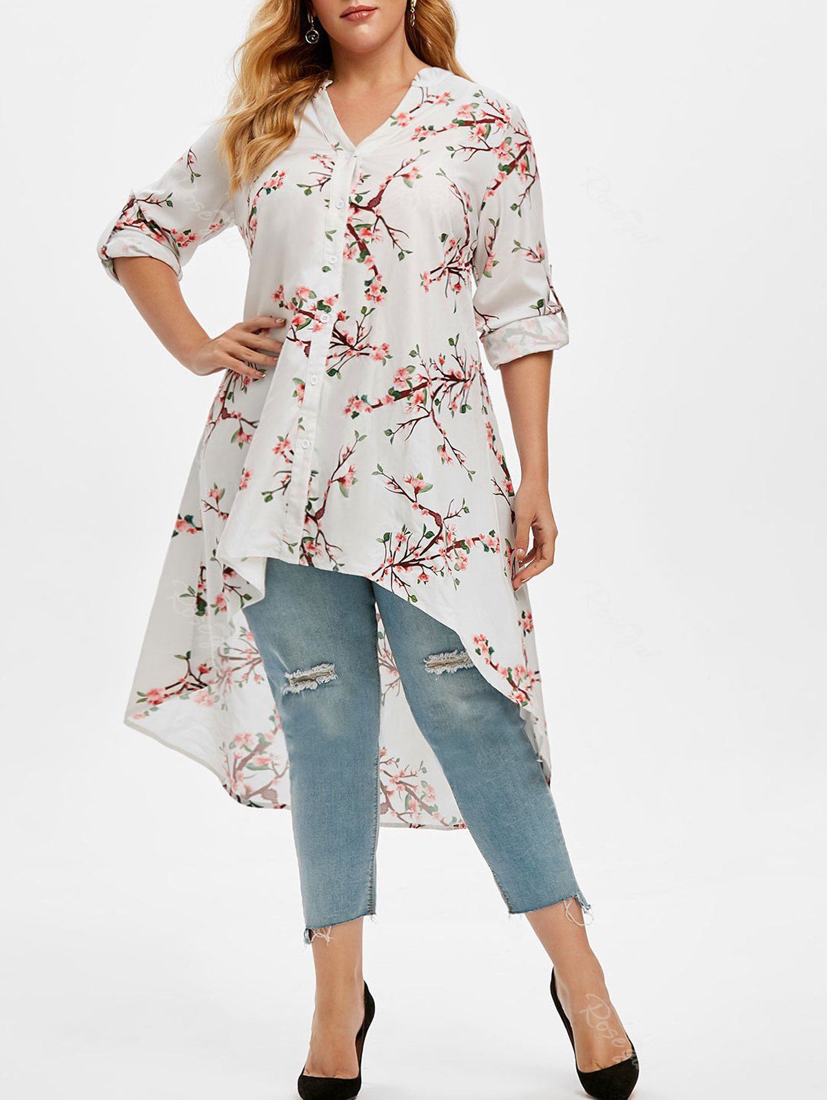 Unique Plus Size Roll Up Sleeve Peach Blossom Print High Low Top  