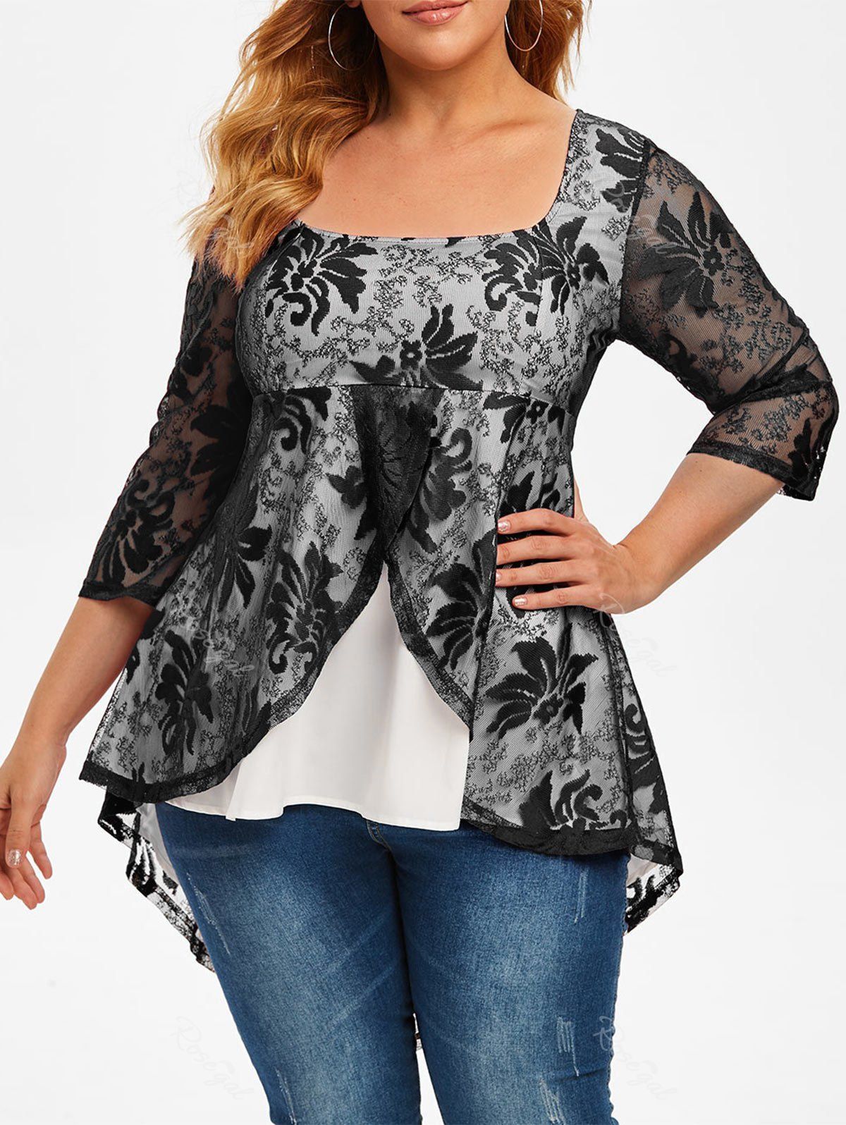 

Plus Size High Low Lace Overlay Tail Blouse, Black