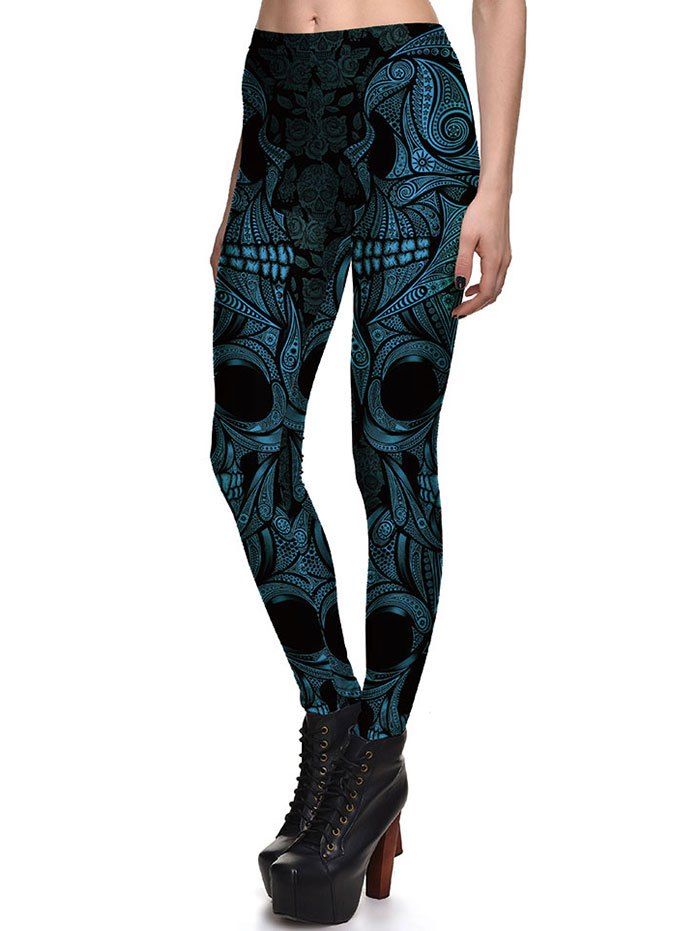 

Halloween Skull Print High Rise Leggings, Light blue
