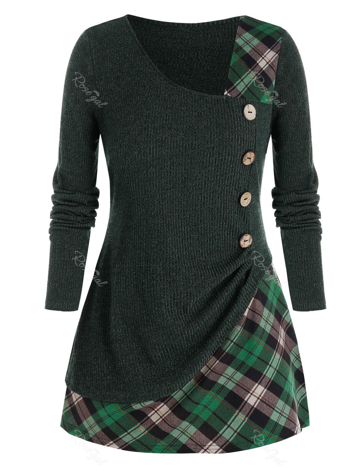 

Plus Size Plaid Skew Collar Mixed-media Tunic Sweater, Deep green