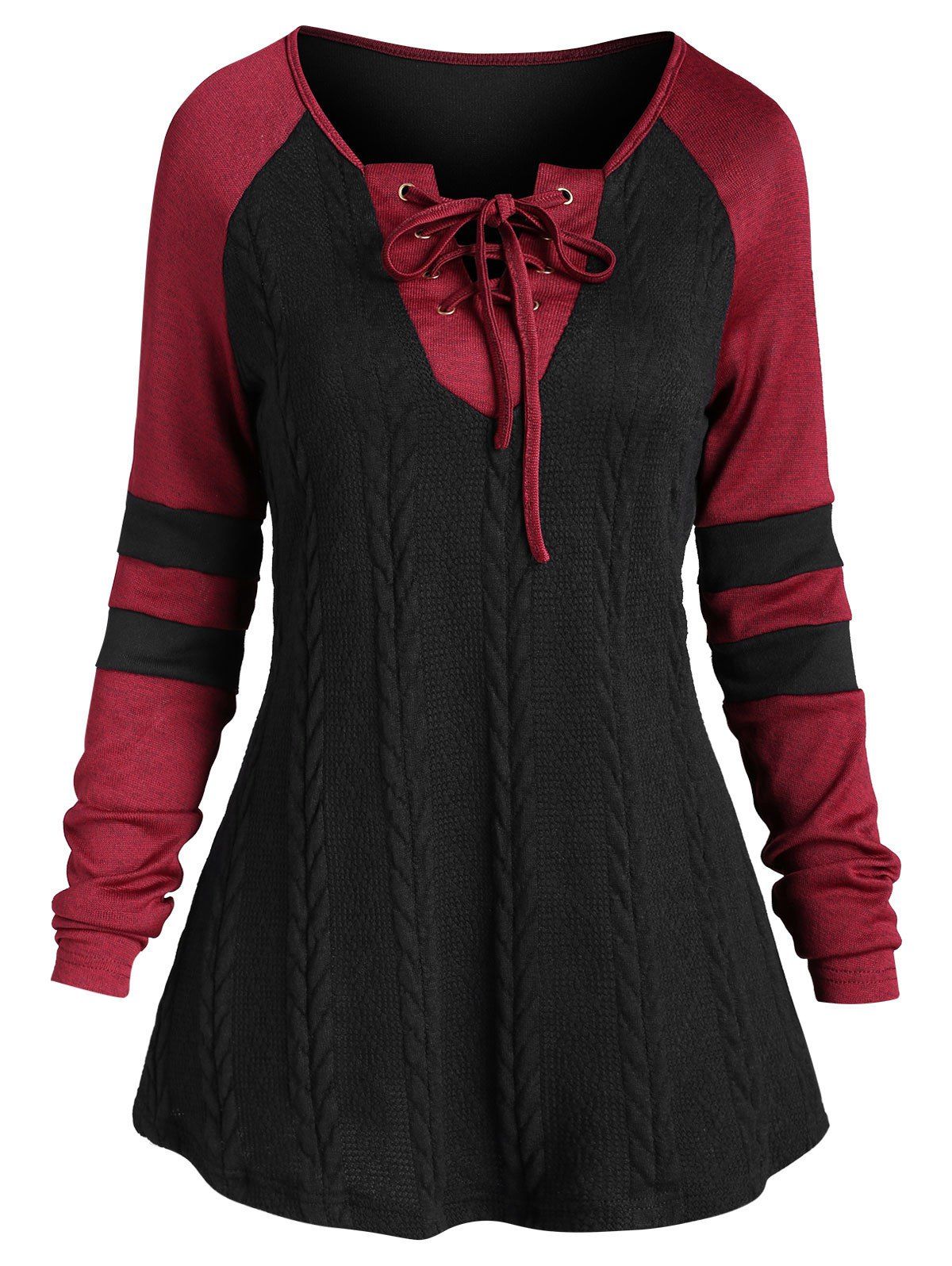 

Colorblock Lace Up Raglan Sleeve Sweater, Black