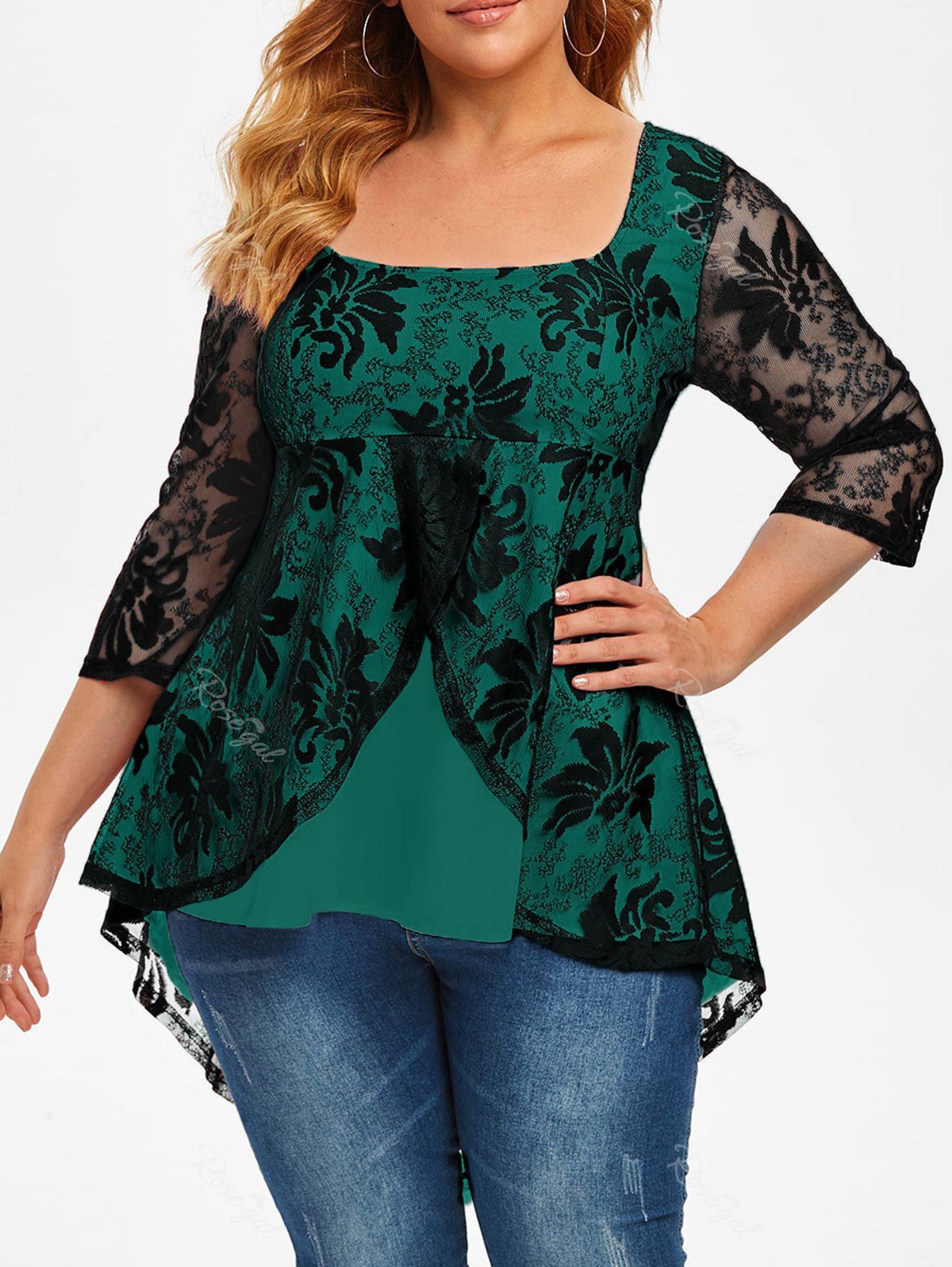 

Plus Size High Low Lace Overlay Tail Blouse, Medium turquoise