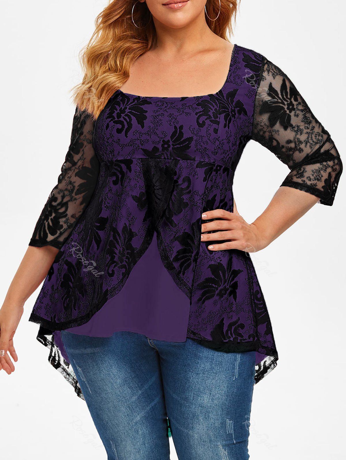 

Plus Size High Low Lace Overlay Tail Blouse, Purple iris