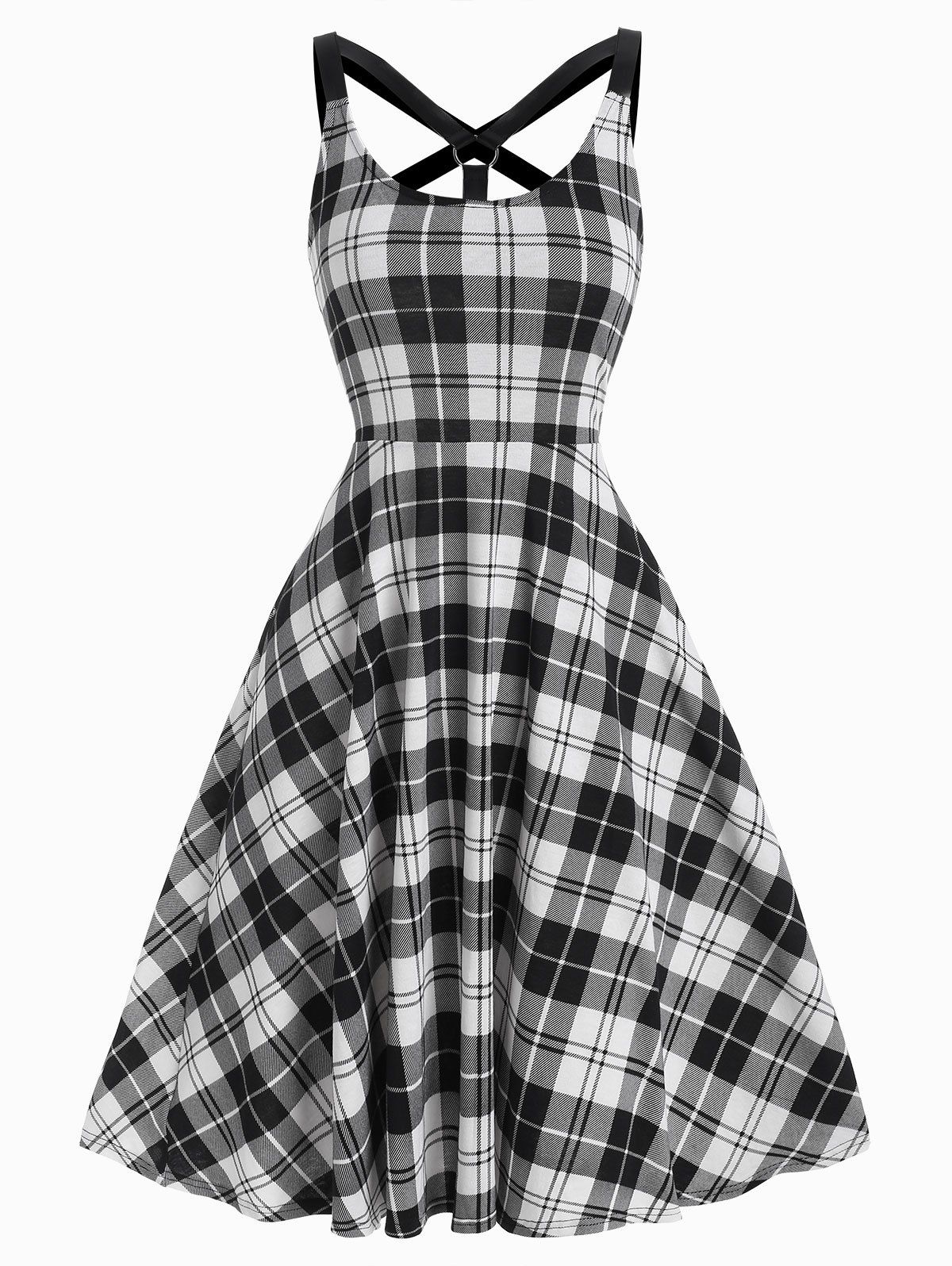 

Plaid Print Sleeveless Harness Insert Dress, Black