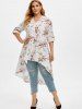 Plus Size Roll Up Sleeve Peach Blossom Print High Low Top -  