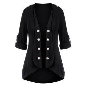 

Plus Size Open Front Roll Up Sleeve Mock Button Cardigan, Black