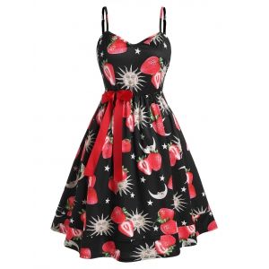 

Plus Size Bowknot Strawberry Sun and Moon Print Dress, Black
