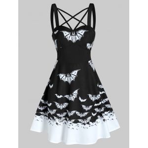 

Front Strappy Bat Print Mini A Line Dress, Black