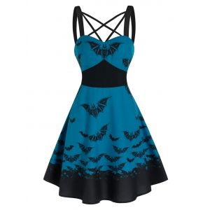 

Front Strappy Bat Print Mini A Line Dress, Blue