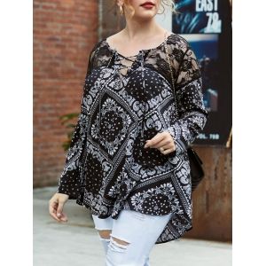 

Plus Size Lace Panel Bandana Print Lace-up Tunic Blouse, Black