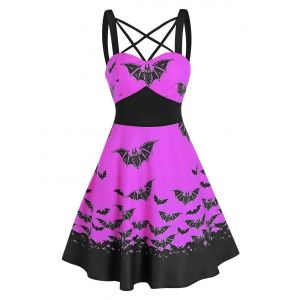

Front Strappy Bat Print Mini A Line Dress, Tyrian purple