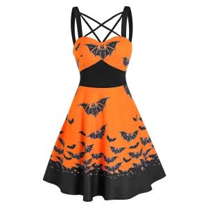 

Front Strappy Bat Print Mini A Line Dress, Halloween orange