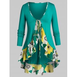 

Plus Size Flower Flounce Tunic Tie Blouse and Slim Cami Top Set, Light sea green