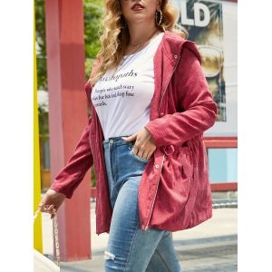 

Plus Size Drawstring Corduroy Hooded Zip Tunic Jacket, Red wine