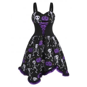 

Lace-up Halloween Pumpkin Skull Ruffle Dress, Dark violet