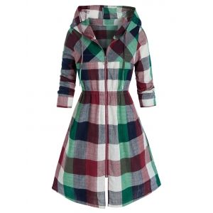 

Plus Size Madras Plaid Hooded Elastic Waist Zipper Coat, Red wine