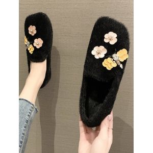 

Flower Pattern Plush Flat Shoes, Black