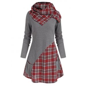 

Pocket Plaid Insert Knitwear with Button Scarf, Deep red