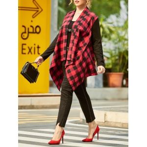 

Shawl Collar Plaid Buckle Front Plus Size Coat, Red