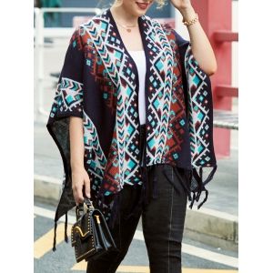 

Plus Size Fringed Open Front Tribal Cardigan, Black