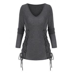 

V Collar Two Sides Lace Up T Shirt, Dark gray