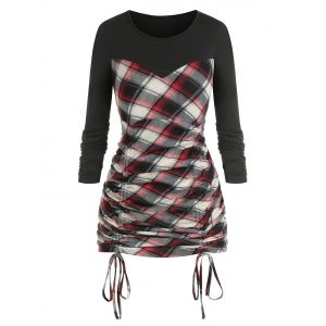 

Plus Size Plaid Print Colorblock Cinched T Shirt, Black
