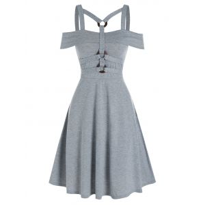 

Plain Cold Shoulder Harness Insert A Line Dress, Gray