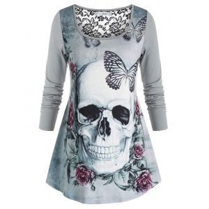 

Plus Size Halloween Skull Butterfly Flower Print Lace Insert T-shirt, Light gray