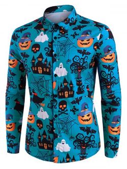Halloween Castle Pumpkin Skull Print Button Up Shirt - BLUE - 3XL
