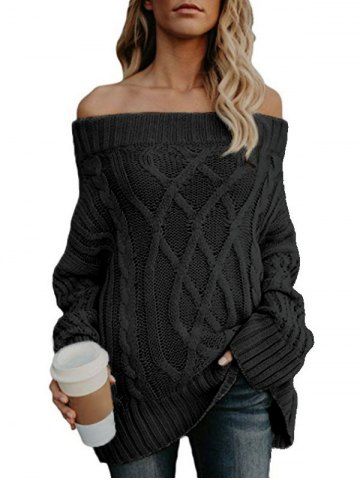 Off The Shoulder Cable Knit Chunky Sweater - BLACK - M
