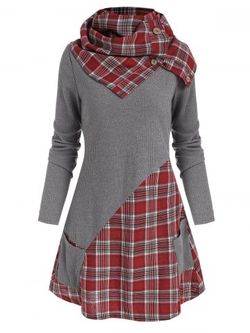 Pocket Plaid Insert Knitwear with Button Scarf - DEEP RED - L