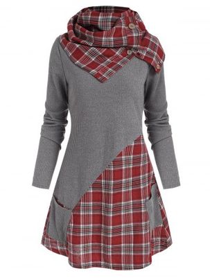 Pocket Plaid Insert Knitwear with Button Scarf