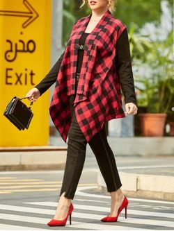 Shawl Collar Plaid Buckle Front Plus Size Coat - RED - 4X