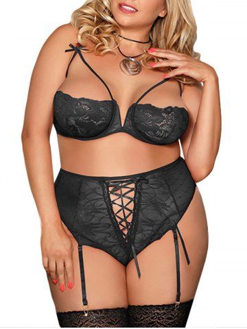 Plus Size Lace Peek A Boo Underwire Gartered Bra Set 28 OFF Rosegal   1604340278201722367 