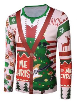 Christmas Tree Deer Faux Suit Print Slim Crew Neck Tee - MULTI - S