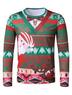 Navidad Santa Claus Elk Imprimir delgado cuello redondo Camiseta - MULTI - S