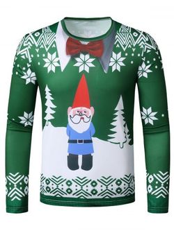 Navidad de Santa Faux Traje de impresión delgado cuello redondo Camiseta - GREEN - L