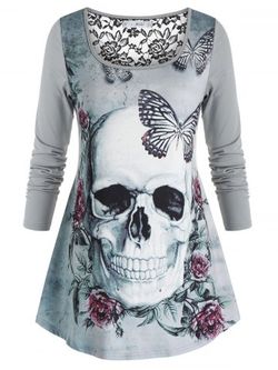 Plus Size Halloween Skull Butterfly Flower Print Lace Insert T-shirt - LIGHT GRAY - 1X