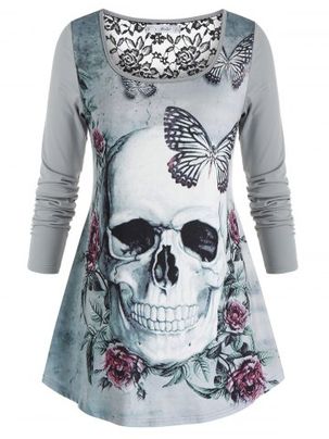 Plus Size Halloween Skull Butterfly Flower Print Lace Insert T-shirt