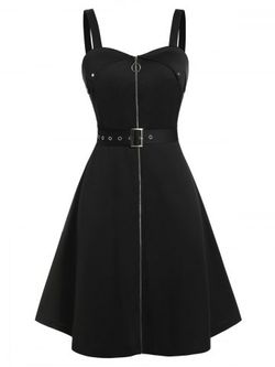Plus Size Pull Ring Zip Belted Backless Gothic Dress - BLACK - L