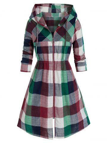 Plus Size Madras Plaid Hooded Elastic Waist Zipper Coat