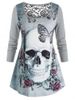 Plus Size Halloween Skull Butterfly Flower Print Lace Insert T-shirt -  