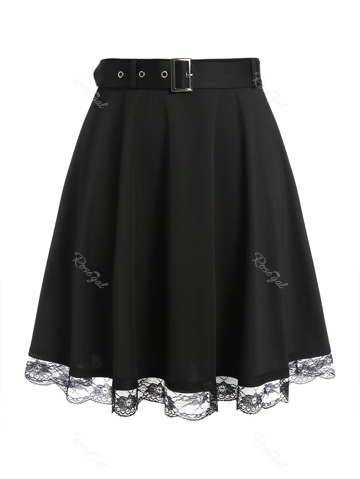

Plus Size Belted Lace Hem High Waisted Skirt, Black