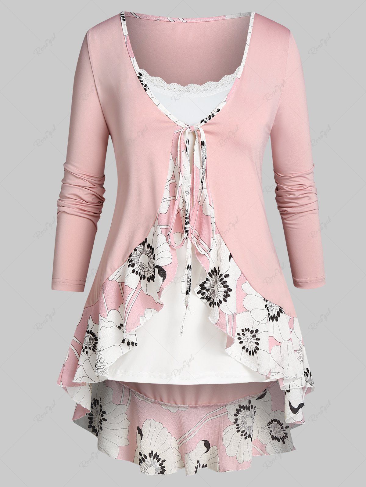 

Plus Size Flower Flounce Tunic Tie Blouse and Slim Cami Top Set, Pink
